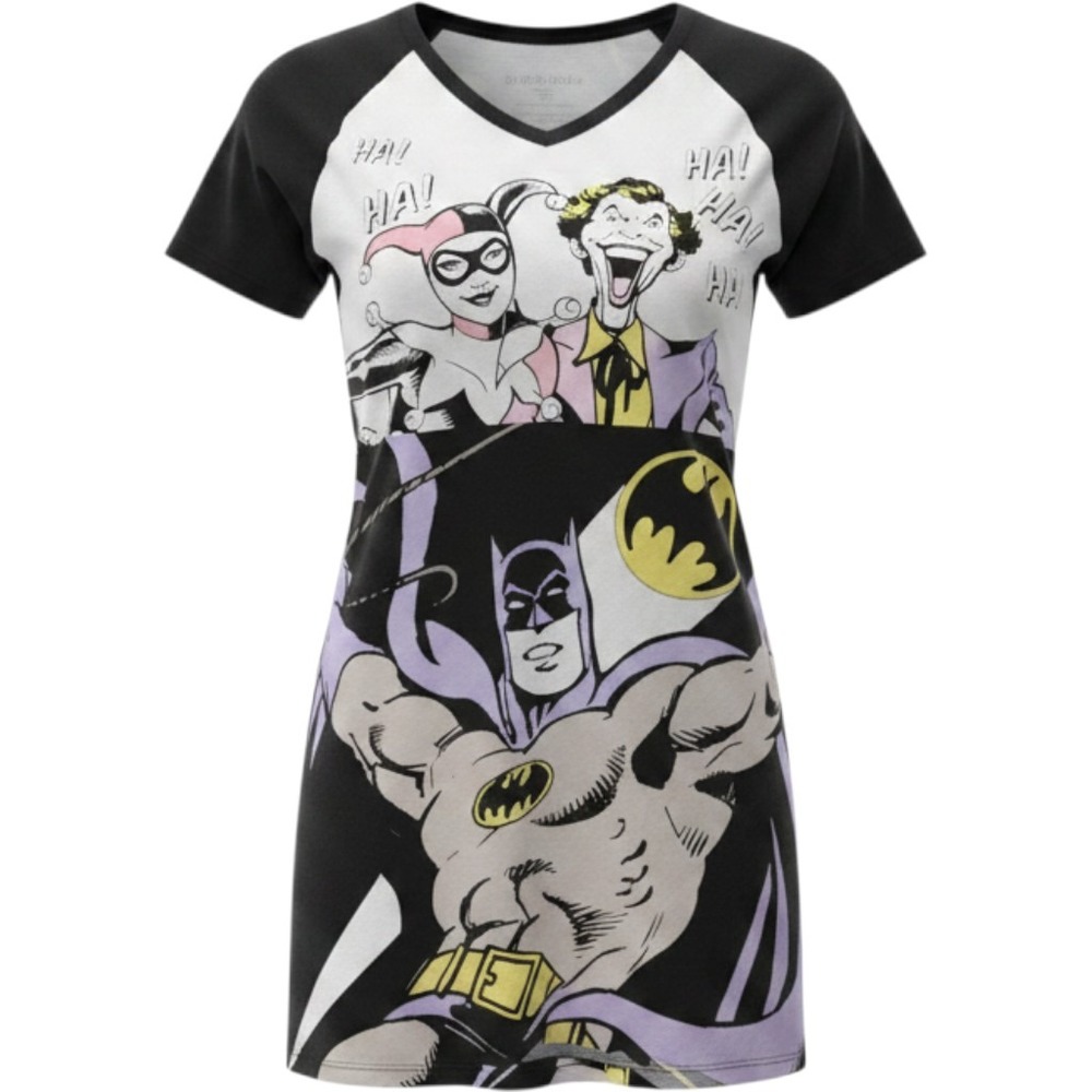 DC Comics Batman Harley Quinn Joker Graphic Sleep Shirt Dress V-Neck Raglan S/M